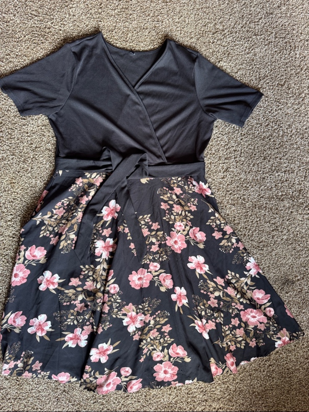 Black Floral Wrap Dress with Pink Blooms, Pockets, and Belt 1X